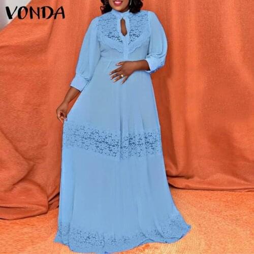 VONDA Elegant Lace Hollow Long Maxi Dress 2021 Summer Women Sundress Zipper Ruffled Floor-Length Dress Casual Holiday Vestidos