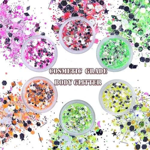 Holographic UV body glitter Cosmetic Grade Chunky Glitter for face nail hair and festival decoration 10ml