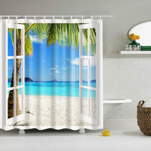 Blue Sky Sea Landscape False Window Shower Curtain Wash Bathroom Shower Waterproof Mildewproof Decor with Hooks 180x200 Cm Large