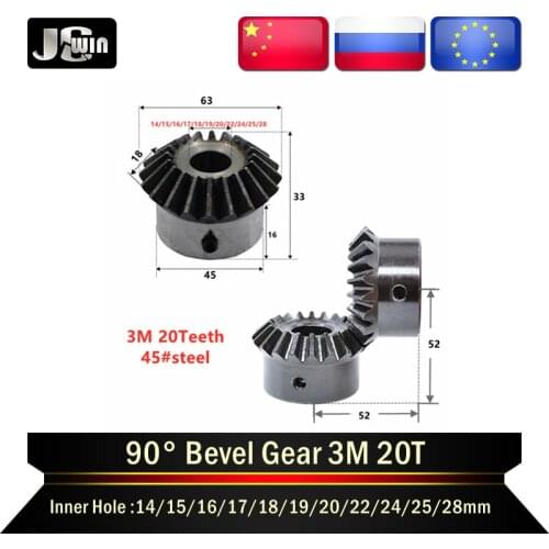2pc 1:1 Bevel Gear Modulus 3 20 Teeth With 14/15/16/17/18/19/20/22/24/25/28mm Inner Hole 90 Degree Bevel Gear Spiral Bevel Gears