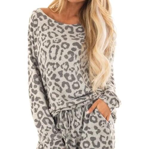 Leopard Print Two Piece Sets Pajamas Women Tracksuit Pants Sets Women Long Sleepwear Suit Home Women Female Sleepwear Femme #g2
