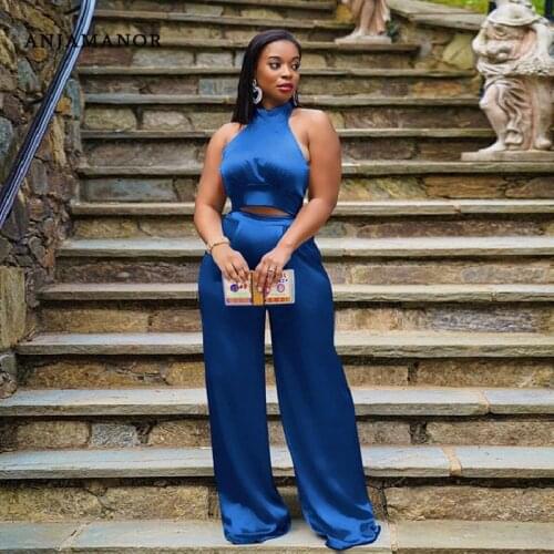 ANJAMANOR Solid Satin Elegant Sexy Two Piece Set Wide Leg Pants Halter Crop Top Party Club Outfits Wholesale Items D27-CH32