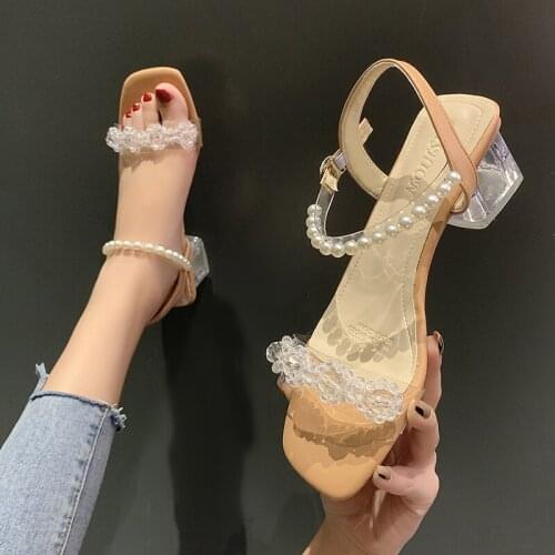 Sweet Casual Crystal Pearl Square Toe Open Toe Sexy Ladies Sandals Summer New Style Hot Sale Roman High Heels