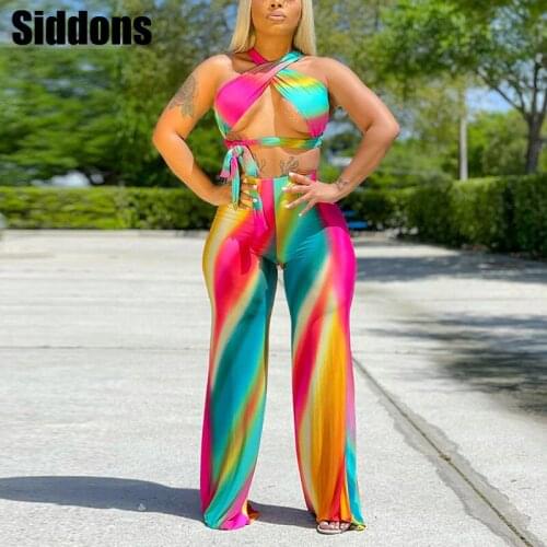 New Sexy Suits Streetwear Halter Backless Top & Wide Leg Pants High Waist Slim Women Printed Halter Backless Top Wide Leg Pants