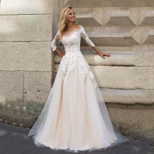3/4 Sleeve Wedding Dress Lace Appliques Wedding Gowns Backless Tulle A Line Bridal Dresses Custom Made Vestido de noiva 2021