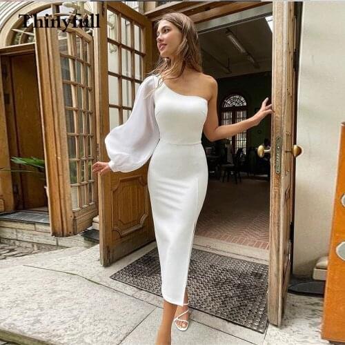 Simple Short Soft Satin A Line One Shoulder Wedding Dress Sinple Long Sleeves Tea Length Bridal Bride Marriage Dresses Gowns