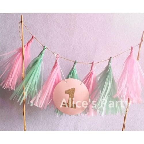 Handmade cake banner Gold one 1 cake topper bunting pink mint themed party birthday cake decorations baby shower tassels decor