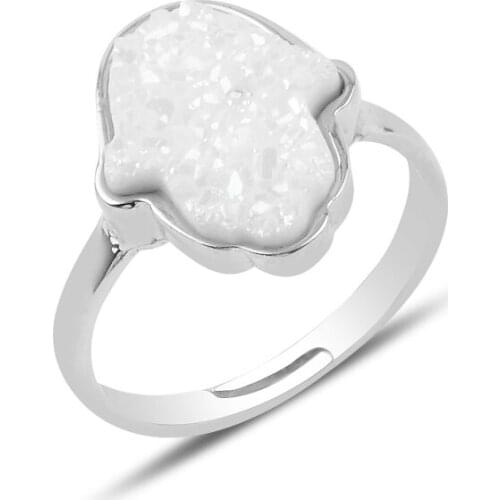 Silver 925 Sterling Fatma Master Hand Druzy Gemstone Adjustable Tall Ring