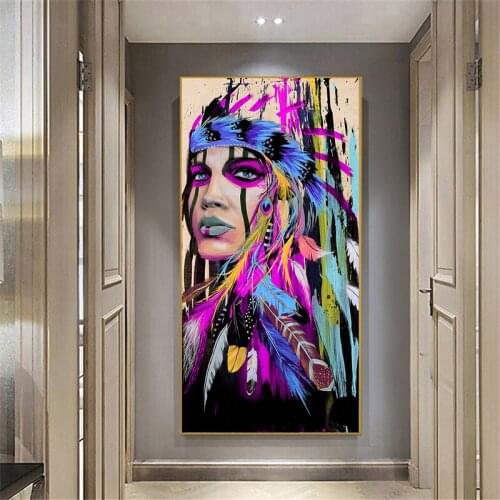Nordic Art Indian Girl Canvas Art Wall Paintings Watercolor Indian Woman With Feather Posters Prints For Living Room Wall Decor