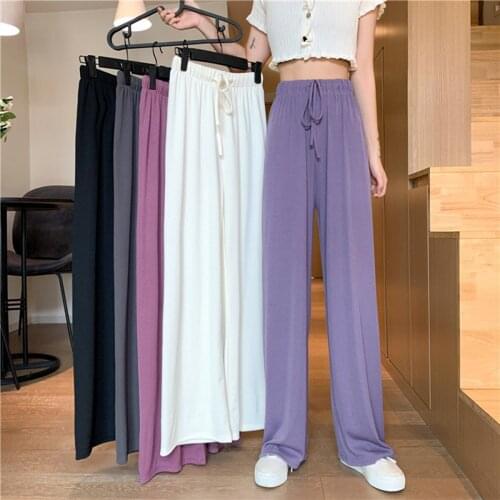 Ice Silk Thin Wide Leg Baggy Pants Jogging High Waist Drape Mopping Joggers Drawstring Trousers Soild Color Korean Fashion