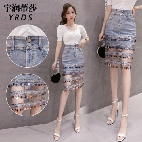 Heavy Sequins Mesh Splice Skirt Female Fashion Slim High Waist Package Hip Skirt Plus Size Jean Skirts Faldas Mujer Moda 2021