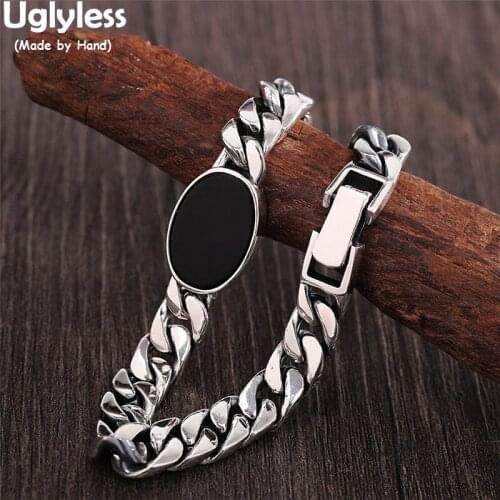 Uglyless Natural Agate Black Gemstones Bracelets for Men Cool Guys Wide Chains Bracelet Glossy Silver 925 Silver HIP HOP Jewelry