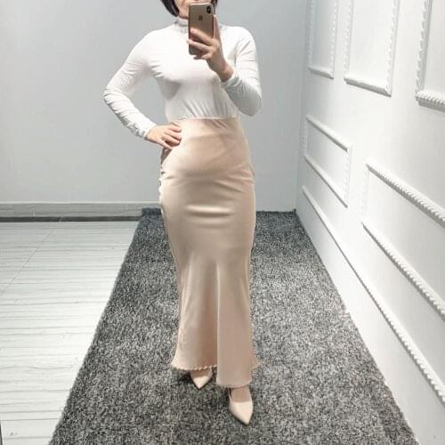 Muslim Bottoms Womens Silk Satin Tulle Skirt Fishtail Gown High Waist Bodycon Long Modest Midi Skirts Party Ramadan Islamic