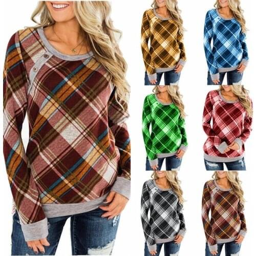 Plus Size Cotton Plaid Blouse Women Casual O Neck Long Sleeve Color Block Tunic Womens Shirts Pulloverr Elegant Button Blouse