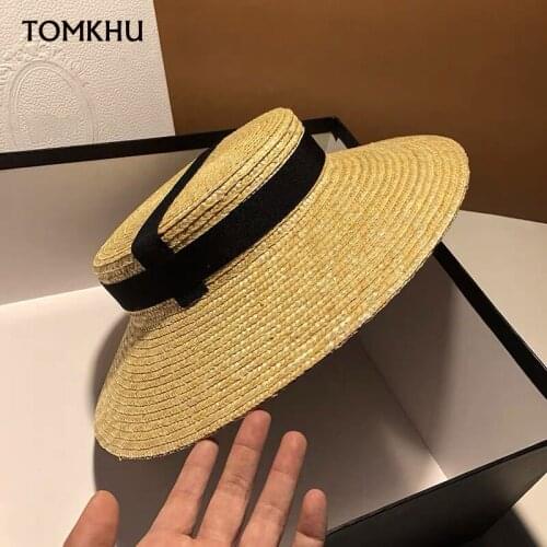 Fashion Handmade Flat-top Straw Hat Women Summer Beach Hat Big Along The French Streamer Seaside Vacation British Retro Sun Hat