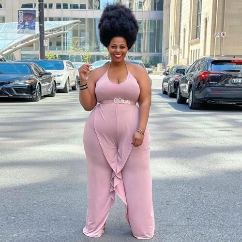 L-4XL Plus Size Womens One Piece Long Bodysuit Female Halter Backless Solid Jumpsuit Office Lady Off Shoulder Wide Leg Romper