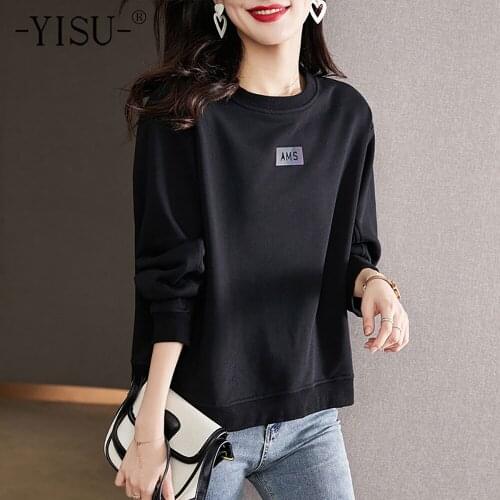 YISU Women Loose Sweater Autumn O-Neck Tops Solid color Letters Female Knitted pullover Long sleeve Jumper Women clothing