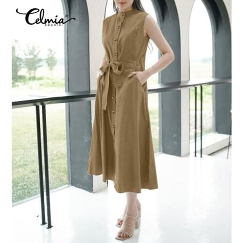 2021 Celmia Women Summer Elegant Dress Casual Solid Sleeveless Belted Midi Vestidos Loose Buttons Party Office Robe