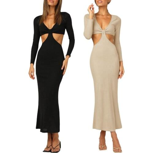 Women Sexy Backless Dress, Adults Solid Color Long Sleeve V-neck Cutout Dresses 2021 New Fashion