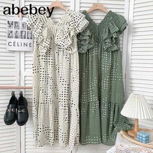 Korean fashion V-neck short sleeve Dress irregular Ruffles high waist pleated mid-length Polka Dot Dress 2021 New Summer