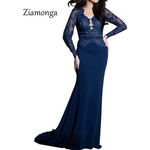 Ziamonga Elegant Long Sleeve Robe De Soiree Longue Black Lace Evening Party Dresses Long 2018 Cheap Prom Mermaid Dresses Gown