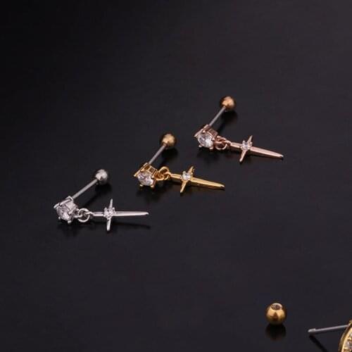 1 PCS Simple Small Zircon Cross Charm Ear Cartilage Piercing Stud Earring Trendy Gold Color Steel Bar Ball Helix Earring