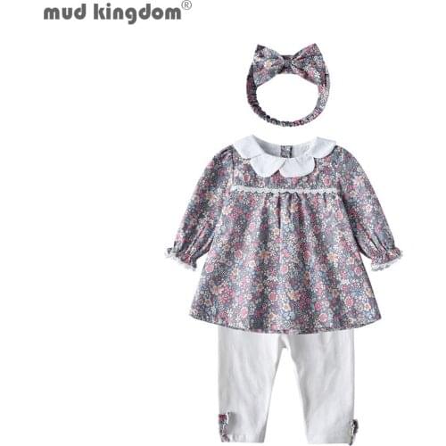 Mudkingdom Baby Girl Clothes Set Cotton Long Sleeve Floral Tops Casual Pants Headband 3Pcs Infant Toddler Outfits