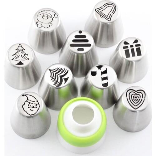 9Pcs Christmas Icing Piping Tips Russian Pastry Nozzles Stainless steel Pastry Baking Confectionery And 1Pcs Coupler Converter