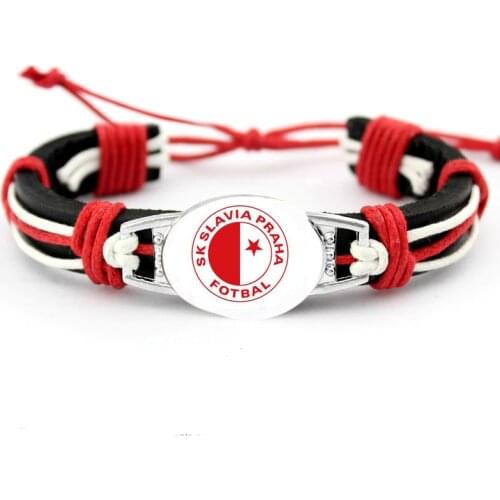 Sk Slavia Praha Czech Republic Newly Arrived Genuine Leather Bracelet 18x25mm Glass Cabochon Charms Bangles Hand Braided Jewelry