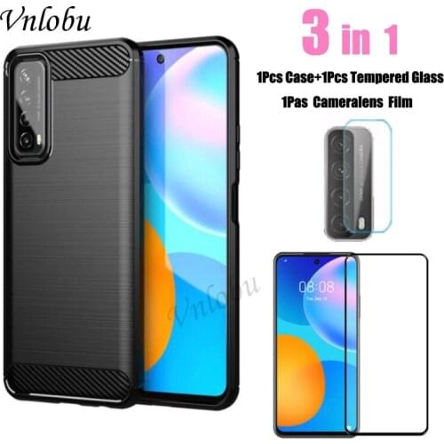 3 in 1 For Huawei P Smart 2021 Y7A Case Brushed Carbon Fiber Cover For Huawei P40 Pro Plus Tempered Glass Lens Protective Film