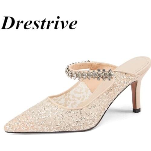 Drestrive 2021 Summer Fashion Mules Pointed Toe Mesh Crystal Women Pumps Thin High Heel Shoes Mary Janes 7.5 CM Sandals