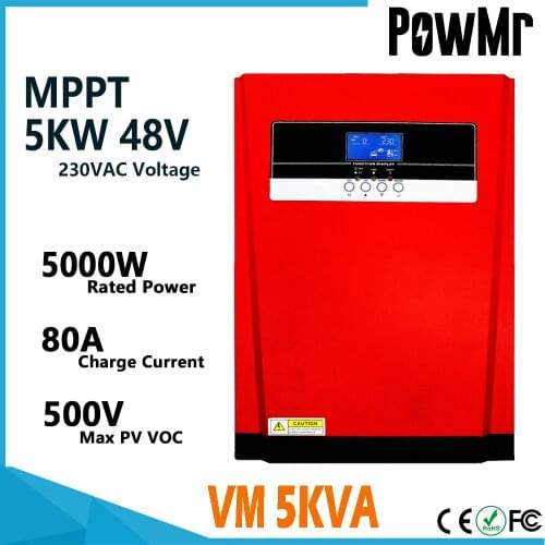 PowMr 5000W 48V Dc 230Vac Pure Sine Wave Solar Hybrid Inverter&Converter MPPT 80A AC Charger All in One for Max 500V Solar Input