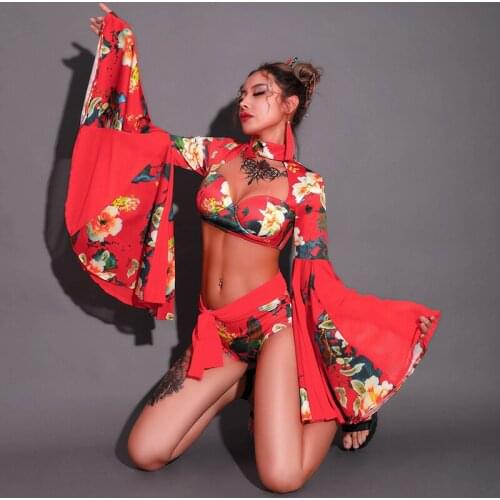 Chinese Style Perform Costumes Sexy Nightclub Flowers Pattern Dj Leading Dancer Wide Sleeve Temperament Seductive Costumes