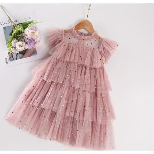 Girls Tulle Lace Cake Princess Dress Children Sequin Wedding Tutu Elegant Bridesmaid Party Pink Fluffy Kids Birthday Clothes