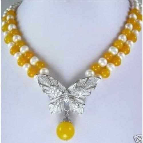 Miss charm Jew2172 Yellow stone & white pearl butterfly button necklace
