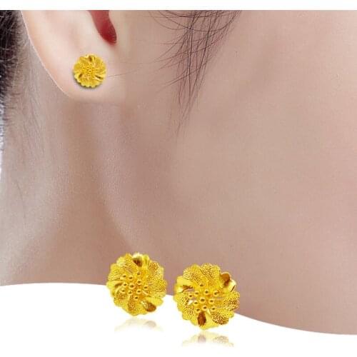 Fashion Korean Earring Birthday Gift For Wedding Pure Gold Color Flower Pendients Jewelry Gold Color Classic Earrings Wedding