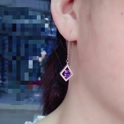 Fashion Silver Long Drop Earrings for Party 4mm*5mm Natural Amethyst Earrings 925 Silver Amethyst Jewelry