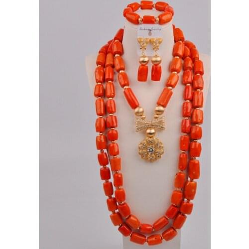 Newest Nigerian Wedding Orange Coral Beads African Necklace Bridal Jewelry Sets 3CB-01