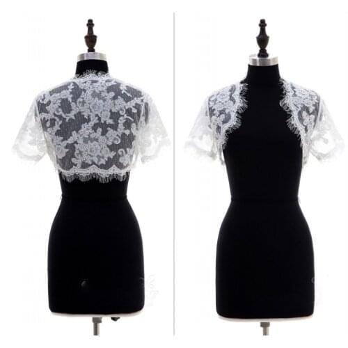 2019 Latest Wedding Jacket White Ivory Short Bridal Bolero Jackets Top Lace Appliques Short Sleeve Wedding Wrap