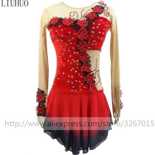 LIUHUO Figure Skating Dress Womens Girls' Ice Skating performance Rhythmic gymnastics competition Dance Red Ballet Long sleeves