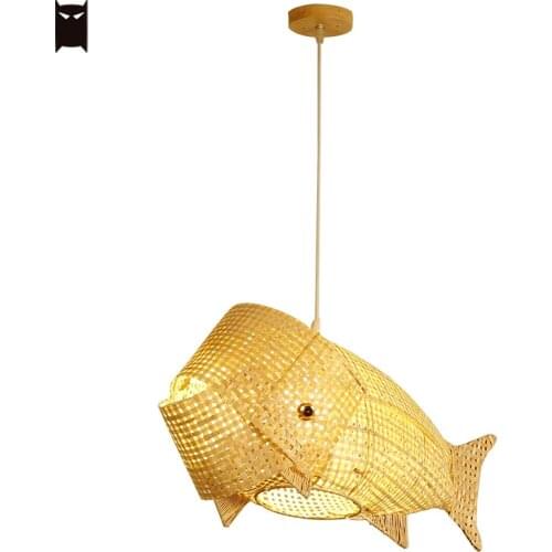 Natural Bamboo Wicker Rattan Fish Pendant Light Fixture Art Deco Style Suspension Ceiling Lamp Designer for Dining Table Room