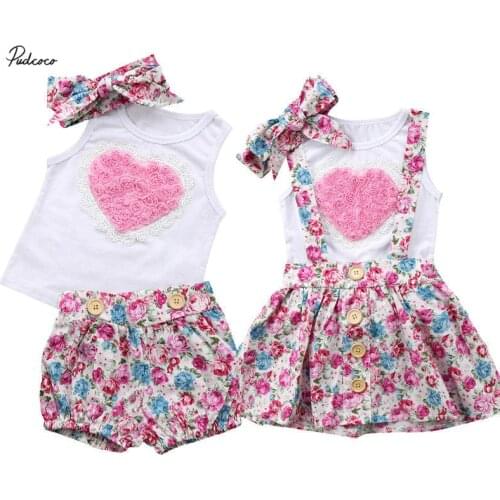 Pudcoco 2018 Floral Newborn Kids Baby Girl Sister Family Matching Outfit T-shirt Tops Pants Skirts 3PCS Girls Summer Clothes Set