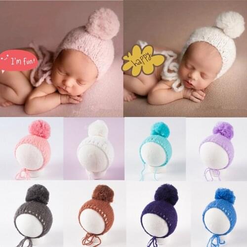 Newborn Photography Props Knit Fur Ball Newborn Hat Baby Photo Studio Photography Props Cap Beanie Wool Baby Hat