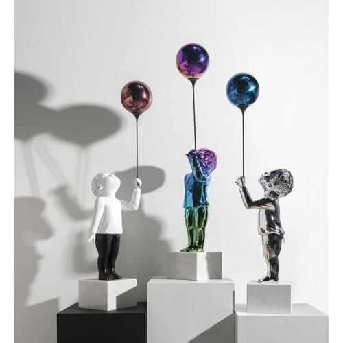 Modern Sculpture Crafts Furnishings Home Hotel Floor Soft Decor Ornaments Plating Colorful Silver Little Boy Hold Balloon Statue