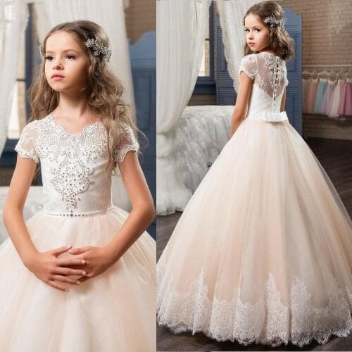 Champagne Tulle Flower Girl Dresses For Wedding Short Sleeve Junior Bridesmaid Kids Birthday Party Princess Gown First Communion