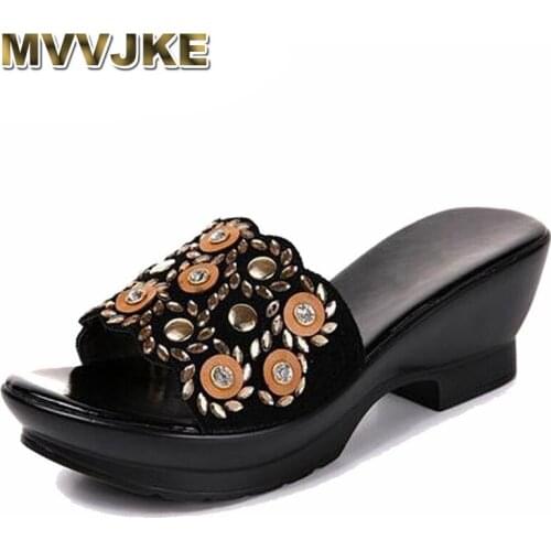 MVVJKE Women slipper 2020 ladies summer slippers shoes women wedges heels fashion rhinestone summer shoes Geuine leather