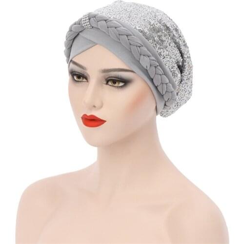 Glitter Sequins Braid Womens Turban Hat Muslim Patchwork Headscarf Bonnet Ready to Wear Head Cover India Cap Turbante Mujer