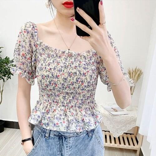 DAXIN Womens Square Collar Print Chiffon Blouse Floral Women Shirts Short Sleeve Ruffle Blouses Tops