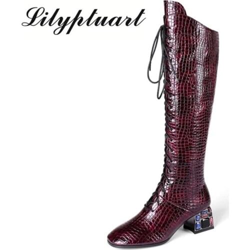 European and American boots womens 2019 winter new crystal with mid-heel cross bandage boots stone pattern long boots