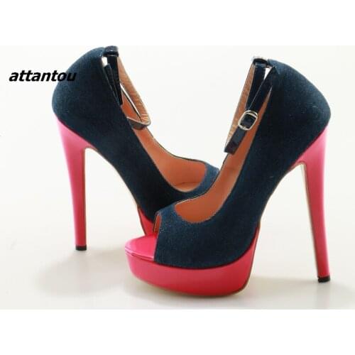 Top Quality Denim Mixed Color Ankle Line Buckle Platform Women Sandals Cut-out Peep Toe Women Pumps High Spike Heel Dress Shoes